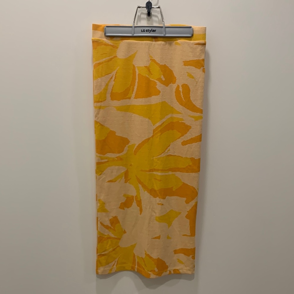 Zara Yellow Abstract Floral Patterned Midi Skirt Size Small